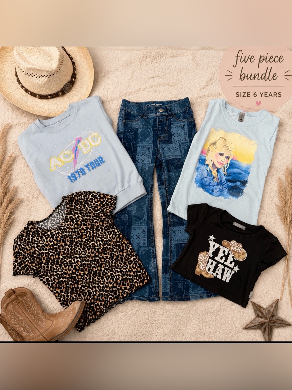 #26-Girls Size 6 / 6X 5Pc Trendy Bundle | AC/DC Dolly Parton Western Hippie ☮️